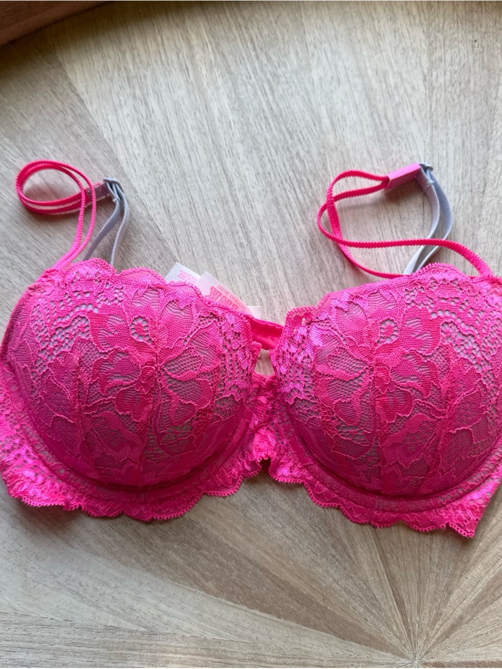 Victoria's Secret Hot Pink Lace Push-Up Bra with Floral Overlay